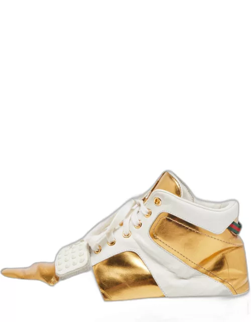 Gucci White/Gold Leather Lace Up High Top Sneaker