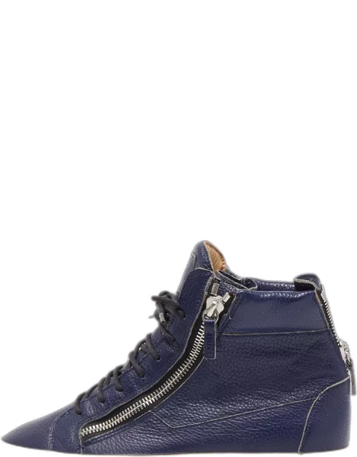 Giuseppe Zanotti Navy Blue Leather High Top Sneaker