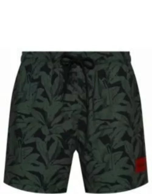 Leaf-print swim shorts with red logo label- Khaki Men's Swim Short