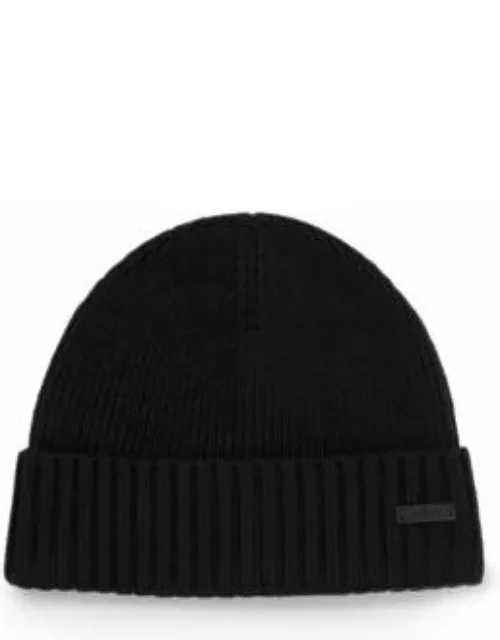 Virgin-wool beanie hat with faux-leather logo patch- Black Men's All Accessorie