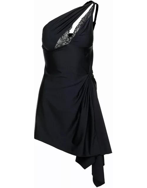Coperni Mini Black Asymmetric Dress With Lace Detail In Polyamide Woman