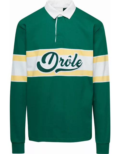 Drôle de Monsieur Green Long Sleeved Polo Shirt With Drole Print In Cotton Man