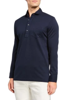 Men's Washed Long-Sleeve Pocket Polo Shirt, Navy