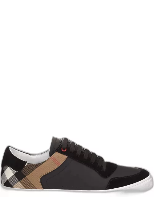 Men's Reeth Leather House Check Low-Top Sneakers, Black