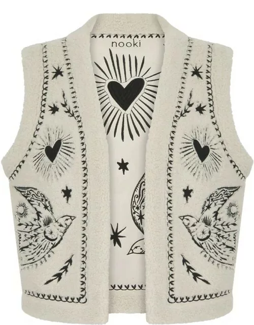 Free Bird Embroidered Faux Shearling Gilet - Crea