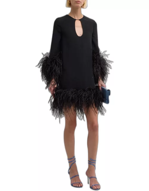 Feather-Trim Long-Sleeve Mini Dres