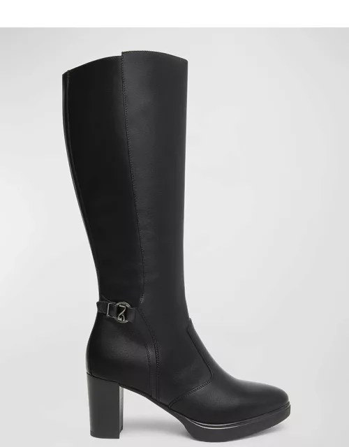 Leather Buckle Block-Heel Knee Boot