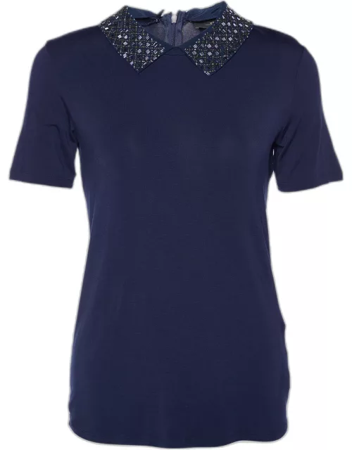 Weekend Max Mara Navy Blue Knit Embellished Neck T-Shirt