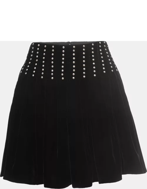 Saint Laurent Paris Black Studded Velvet Pleated Mini Skirt