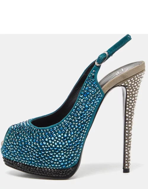 Giuseppe Zanotti Tri Color Suede Crystal Embellished Peep Toe Platform Slingback Sandal