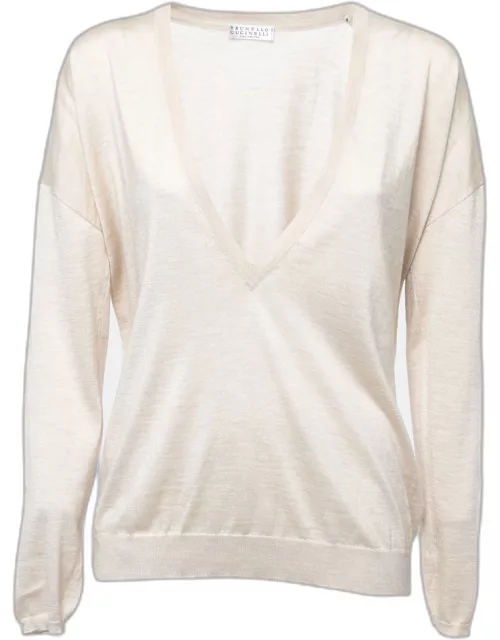 Brunello Cucinelli Beige Cashmere & Silk Deep V-Neck Layering Sweater