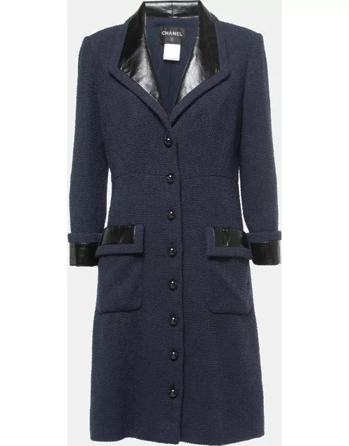 Chanel Navy Blue Terry Calfskin Trimmed Mid-Length Coat