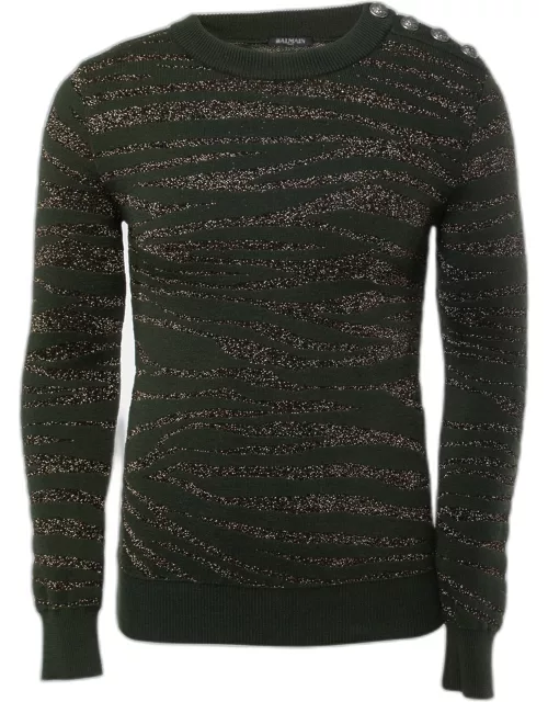 Balmain Green/Metallic Patterned Knit Button Detail Sweater