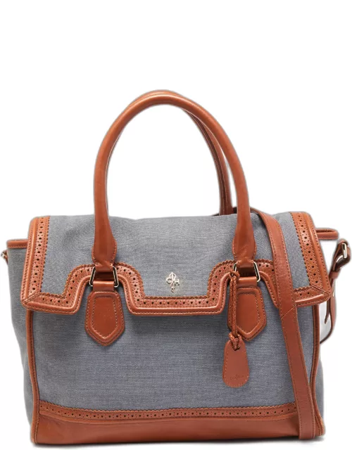 Cole Haan Blue/Tan Denim and Leather Flap Brooke Tote