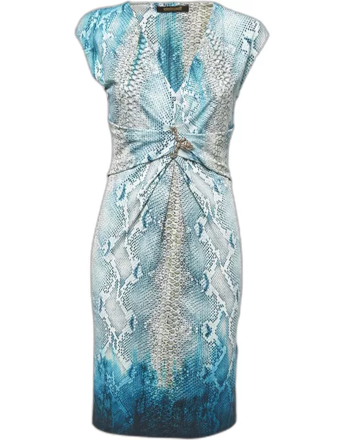 Roberto Cavalli Blue Snake Printed Stretch Jersey Bodycon Dress