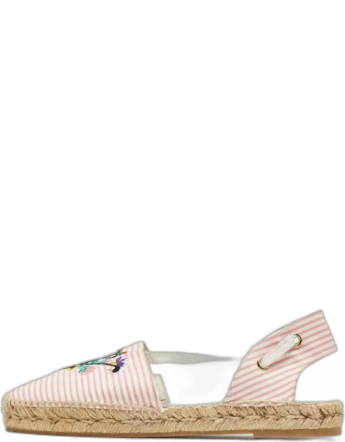 Roger Vivier Pink/White Striped Fabric Floral Embroidered Ankle Tie Espadrille Flat