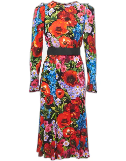 Dolce & Gabbana Black/Multicolor Floral Printed Stretch Silk Midi Dress