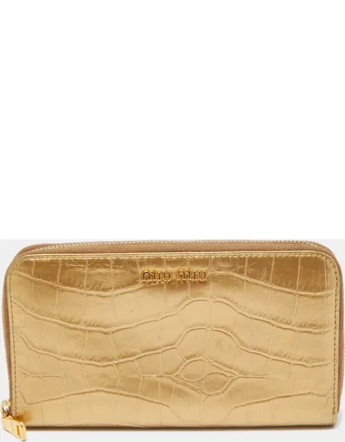Miu Miu Gold Croc Embossed Leather Zip Around Wallet
