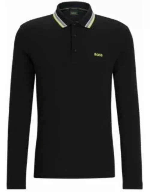 Long-sleeved cotton-piqu polo shirt with contrast logo- Black Men's Polo Shirt