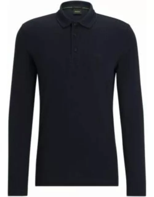 Long-sleeved cotton-piqu polo shirt with contrast logo- Dark Blue Men's Polo Shirt