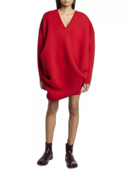 V-Neck Long-Sleeve Draped Knit Mini Dres