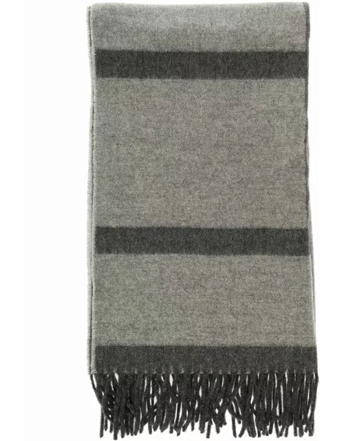 Totême Grey Scarf With Fringed Hem And Monogram In Jacquard Wool Woman