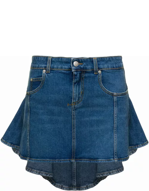 Alexander McQueen Blue Stone Washed Denim Flared Skirt