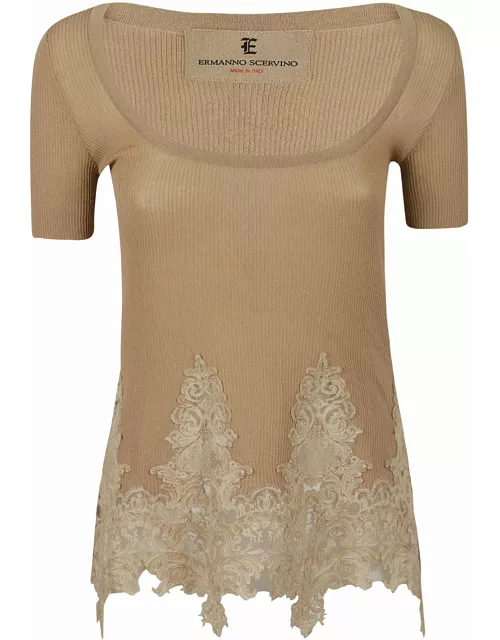 Ermanno Scervino Lace Paneled Wide Neck Knit Top