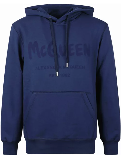Alexander McQueen Blue Hoodie With Graffiti Logo