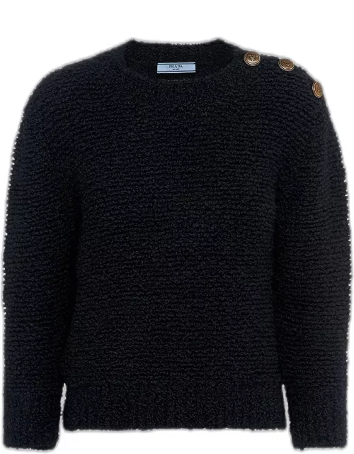 Wool Boucle Knit Sweater with Shoulder Button