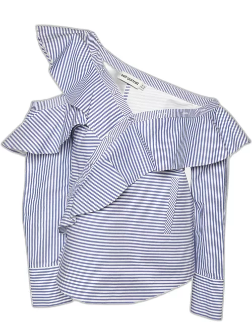 Self Portrait Blue and White Striped Ruffle Detail Off Shoulder Asymmetric Shirt