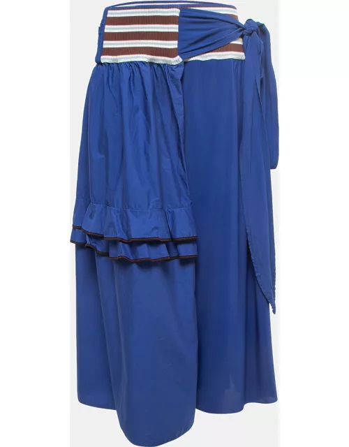 Marni Navy Blue Cotton & Knit Waist Tie Detail Midi Skirt
