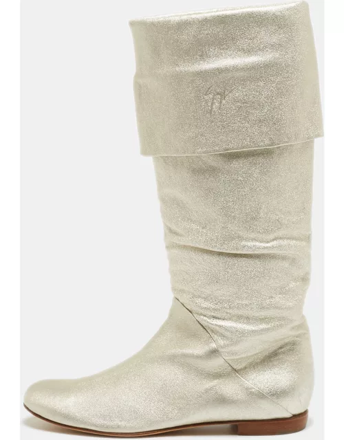 Giuseppe Zanotti Metallic White Foil Leather Knee Length Boot