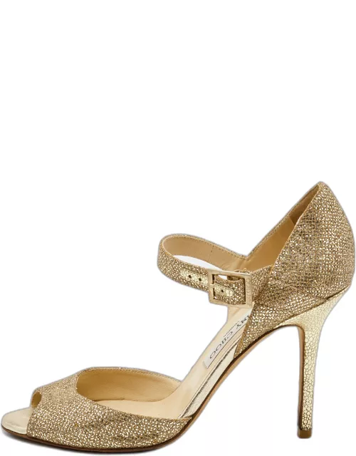 Jimmy Choo Gold Coarse Glitter Foil Leather Ankle Strap Sandal
