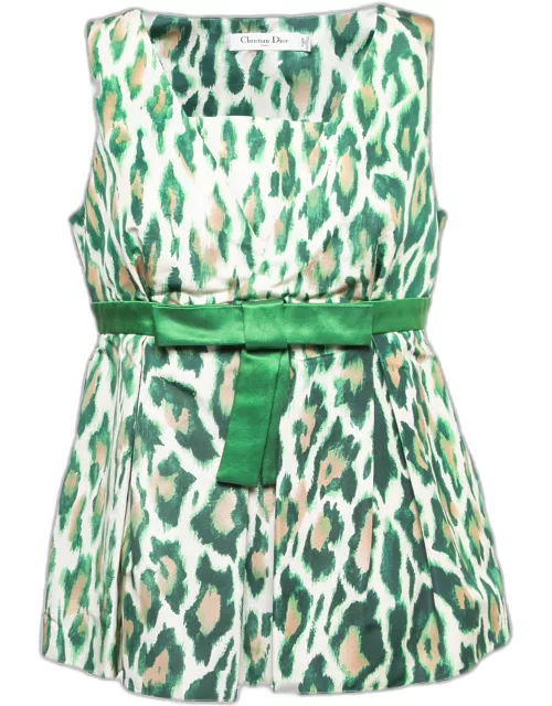 Christian Dior Green Animal Print Silk Bow Detail Top