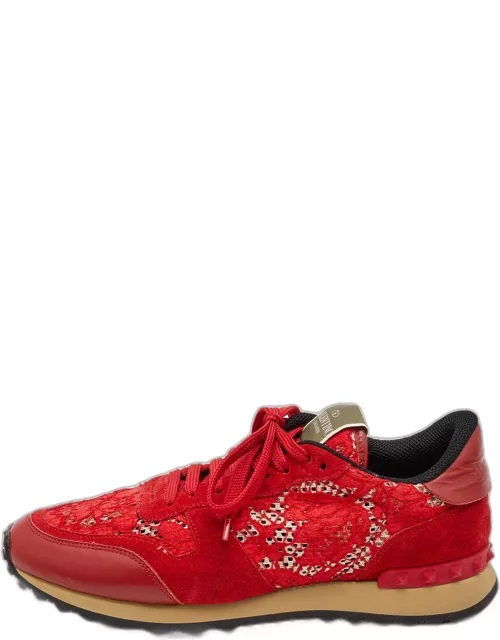 Valentino Red Lace and Suede Rockrunner Low Top Sneaker