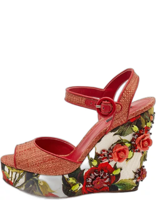 Dolce & Gabbana Pink Floral Raffia Wedge Platform Ankle Strap Sandal