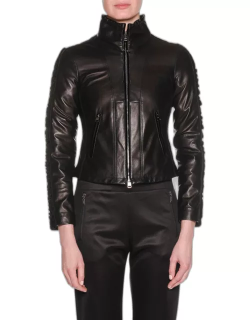 Zip-Front Lamb Leather Jacket w/ Velvet Side Stripe