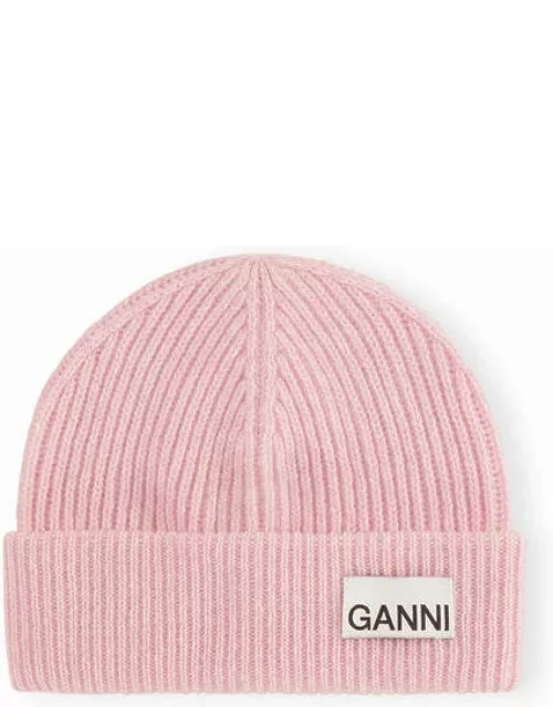 GANNI Light Pink Fitted Rib Knit Wool Beanie in Mauve Chalk Women'