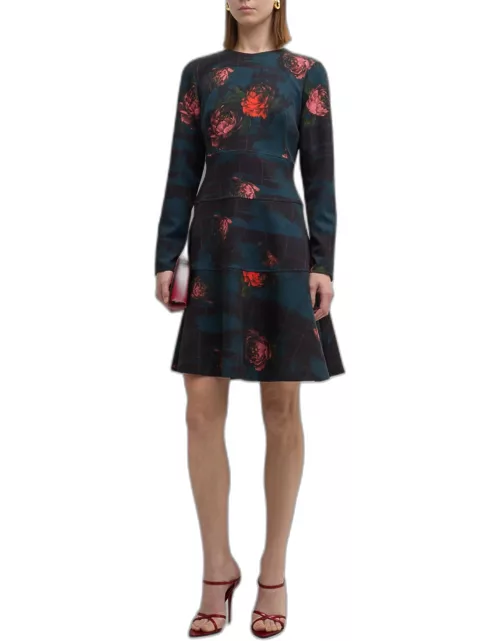 Lily Floral Check-Print Long-Sleeve Tiered Paneled Dres