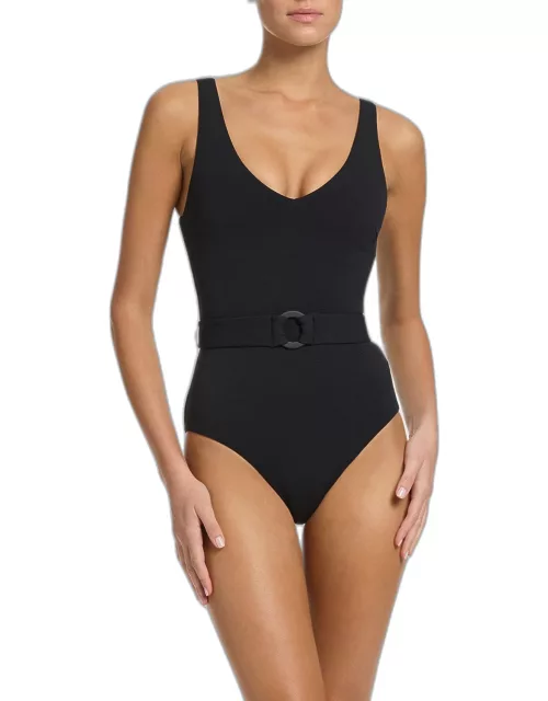 V-Neck Belted One-Piece Swimsuit