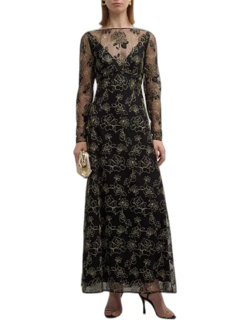 Embroidered Lace Long-Sleeve Illusion Maxi Dres