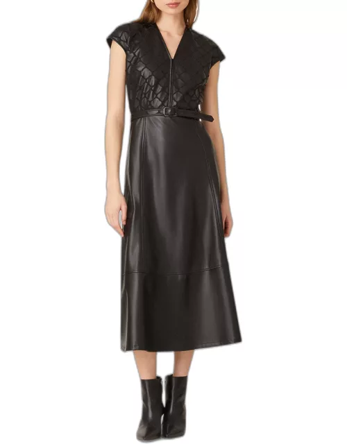 Belted Cap-Sleeve Faux Leather Midi Dres