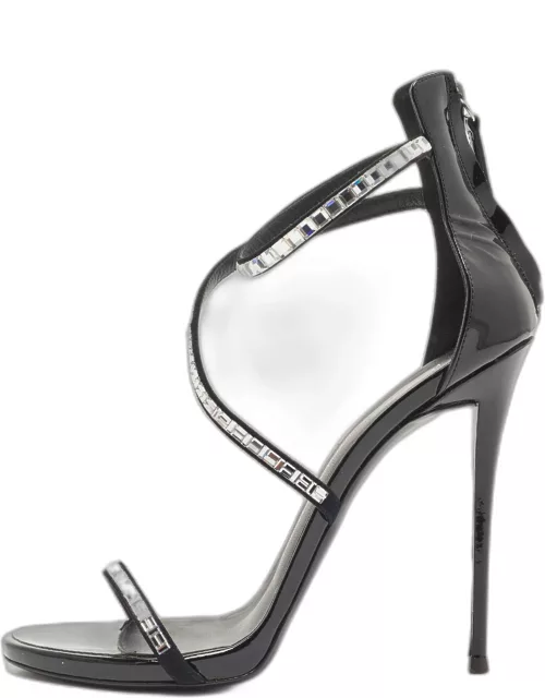 Giuseppe Zannoti Black Patent Leather and Suede Callipe Crystal Embellished Strappy Sandal