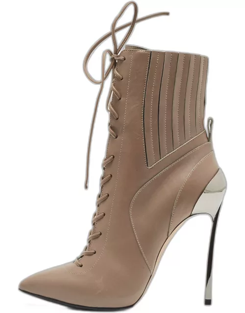 Casadei Grey Leather Lace Up Ankle Bootie