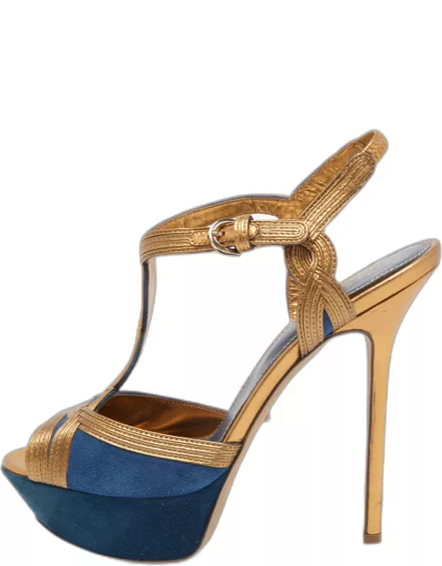Sergio Rossi Navy Blue/Copper Suede and Leather T-Bar Platform Ankle Strap Sandal