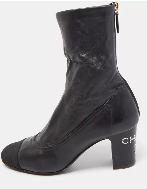Chanel Black Canvas and Leather CC Cap Toe Ankle Boot