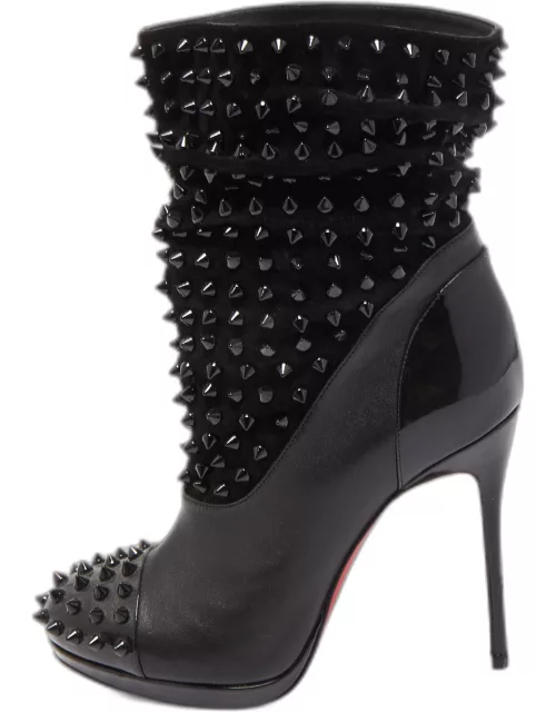 Christian Louboutin Black Patent Leather and Suede Spike Wars Ankle Boot