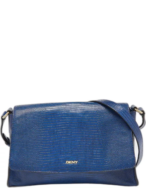DKNY Blue Croc Embossed Leather Bryant Flap Crossbody Bag