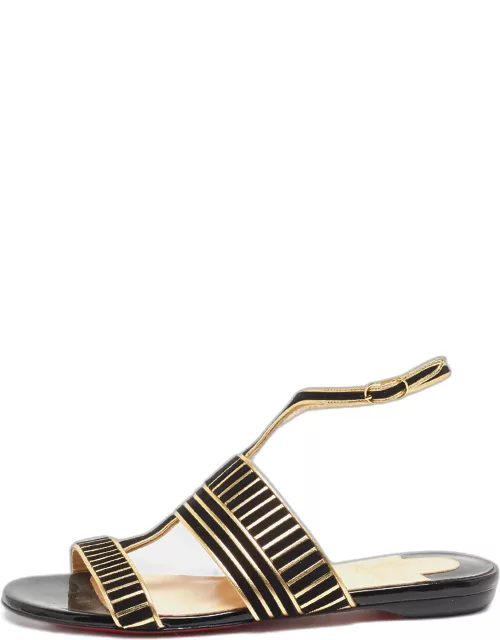 Christian Louboutin Black Suede and Leather Striped Flat Sandal